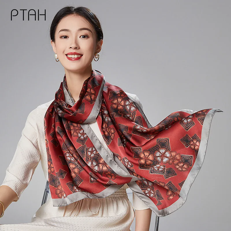 

[PTAH] 100% Mulberry Silk Scarf Ladies Banquet Softer Breathable Digital Prined Large Scarf High Quality Mom Gifts Box 175*50cm