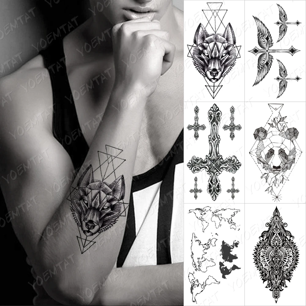 

Waterproof Temporary Tattoo Sticker Linear Geometric Wolf Cross Panda Map Wings Black Tatoo Fake Tatto Man Daughter Child Flash