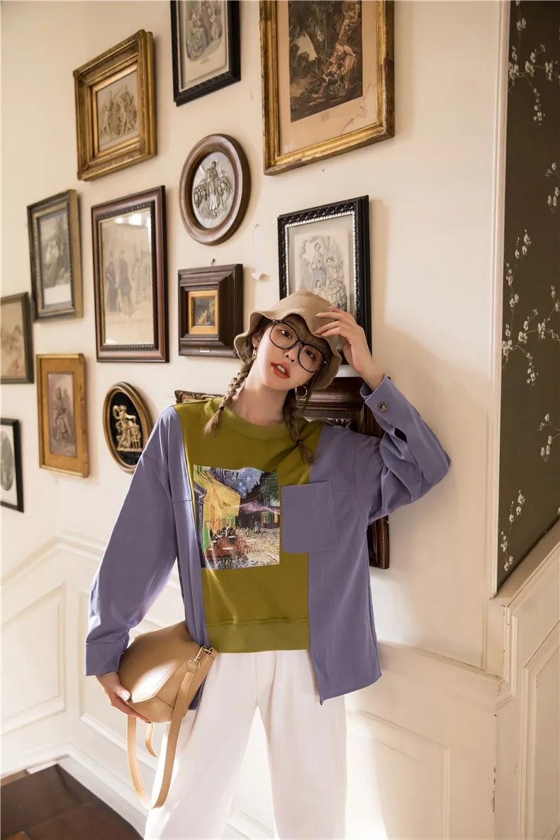 

Women Long Sleeve O-neck Loose Casual Print Pullover T Shirt Female Streetwear Hip Hop Irregular Splice Sweatshirt Harajuku Tops