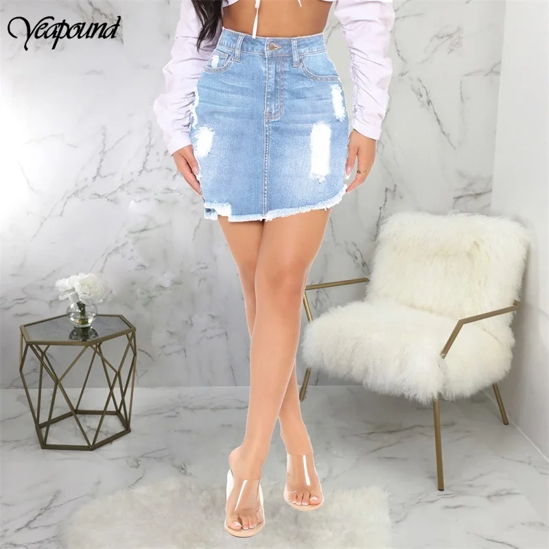 

New Hot Sale Fashion Denim High Waisted Women Skirts Summer Sexy Bodycon A Line Ripped Mini Ladies Skirt