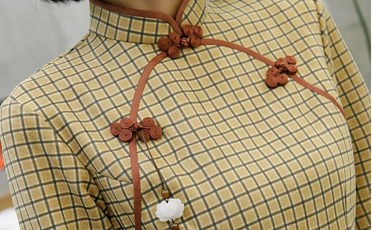 Sheng Coco Осень Последние оленьей плед Cheongsam Qipao платья современное улучшение листьев лотоса Ретро кисточки Восточное Платье До Колена