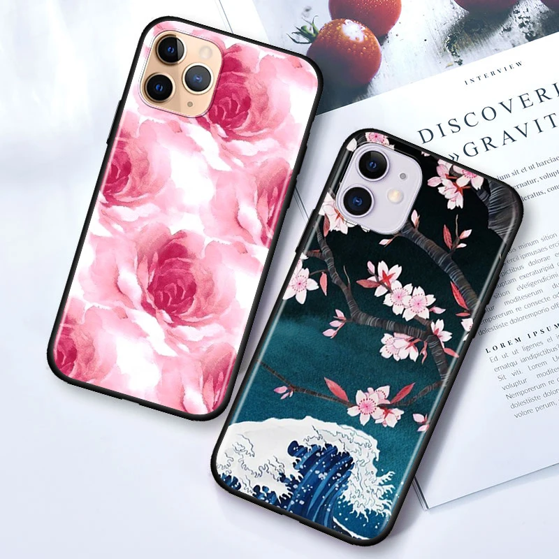 Black Cover Beauty Floral Rose for Apple iPhone 12 Mini 11 XS Pro Max X XR 8 7 6 6S Plus SE 2020 5 5S Phone Case