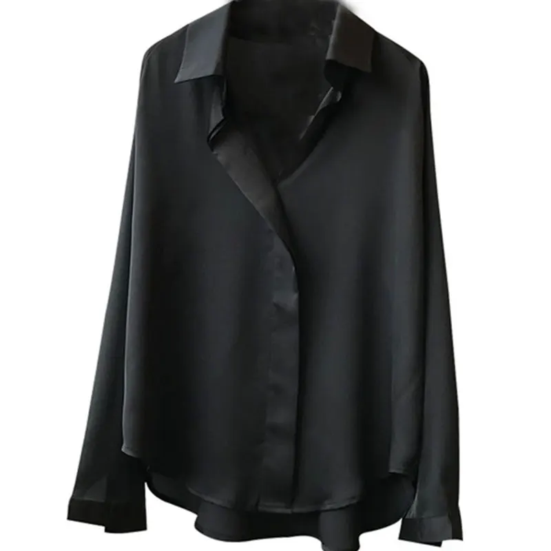 

Autumn Fashion Button Up Satin Silk Shirt Vintage Blouse Women White Lady Long Sleeves Female Loose Street Shirts T12101X