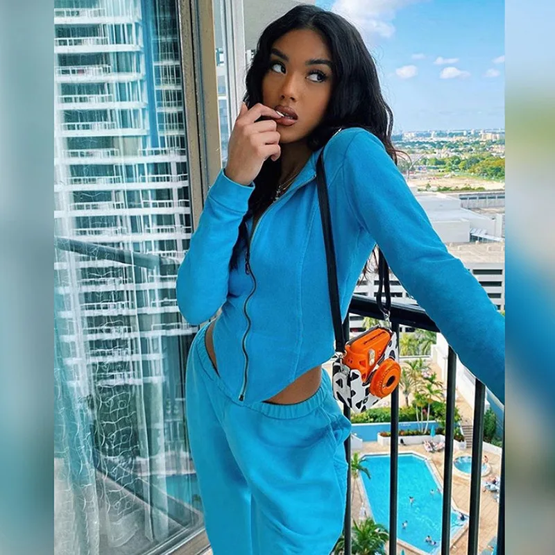 

Fashion casual street sports style zipper hoodie and pant two piece set women tracksuit fitness active female outfit