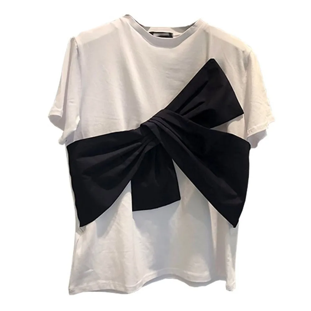 Летняя женская футболка с бантом 2020 корейская мода коротким рукавом