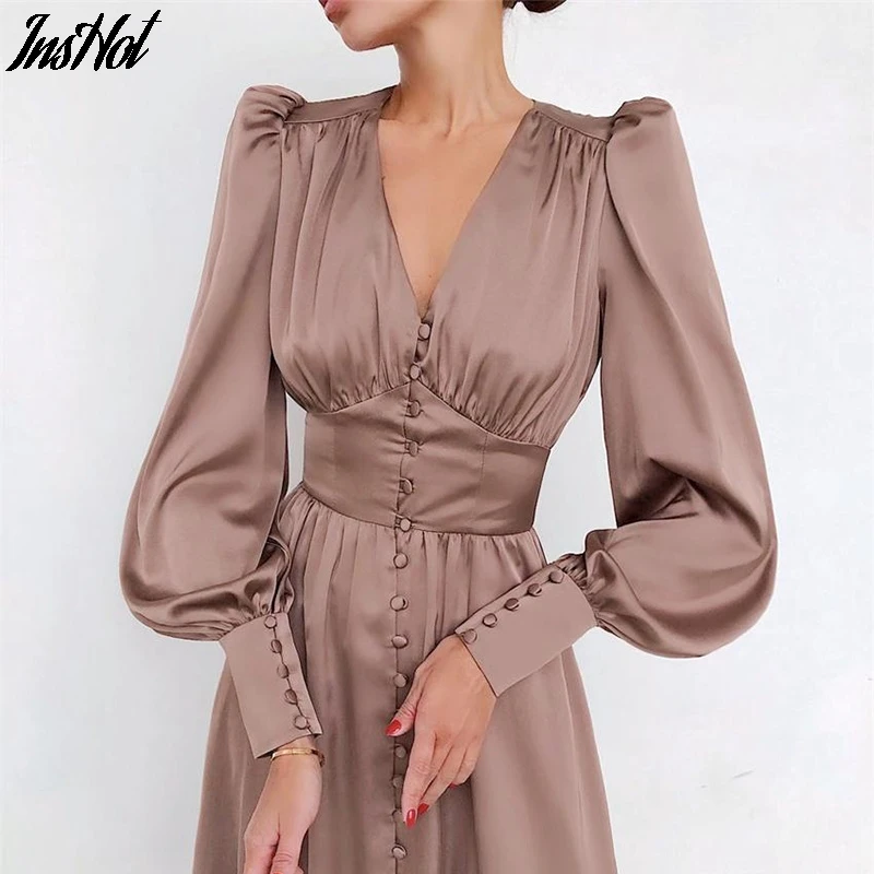 Женское однобортное атласное платье средней длины элегантное привлекательное