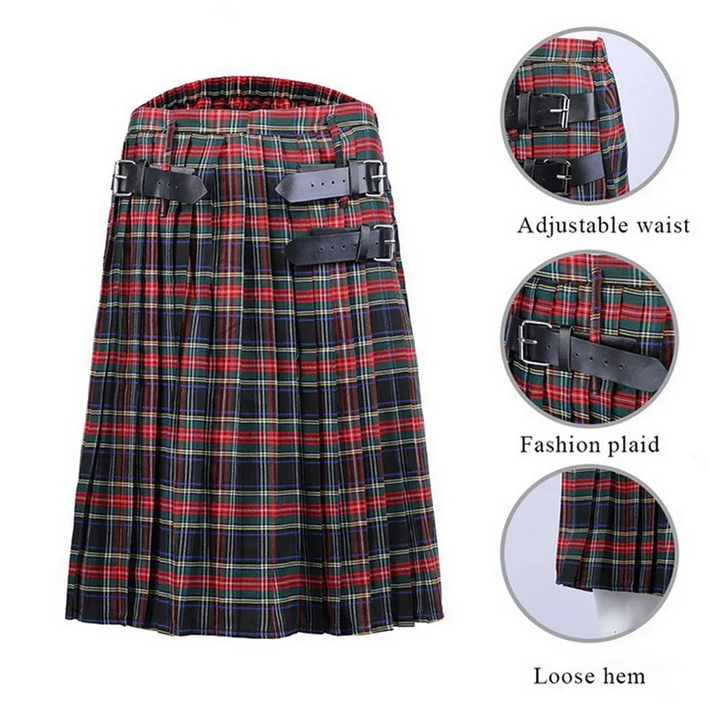 

Mens Kilt Traditional Plaid Belt Pleated Bilateral Chain Brown Gothic Punk Scottish Tartan Trousers Skirts