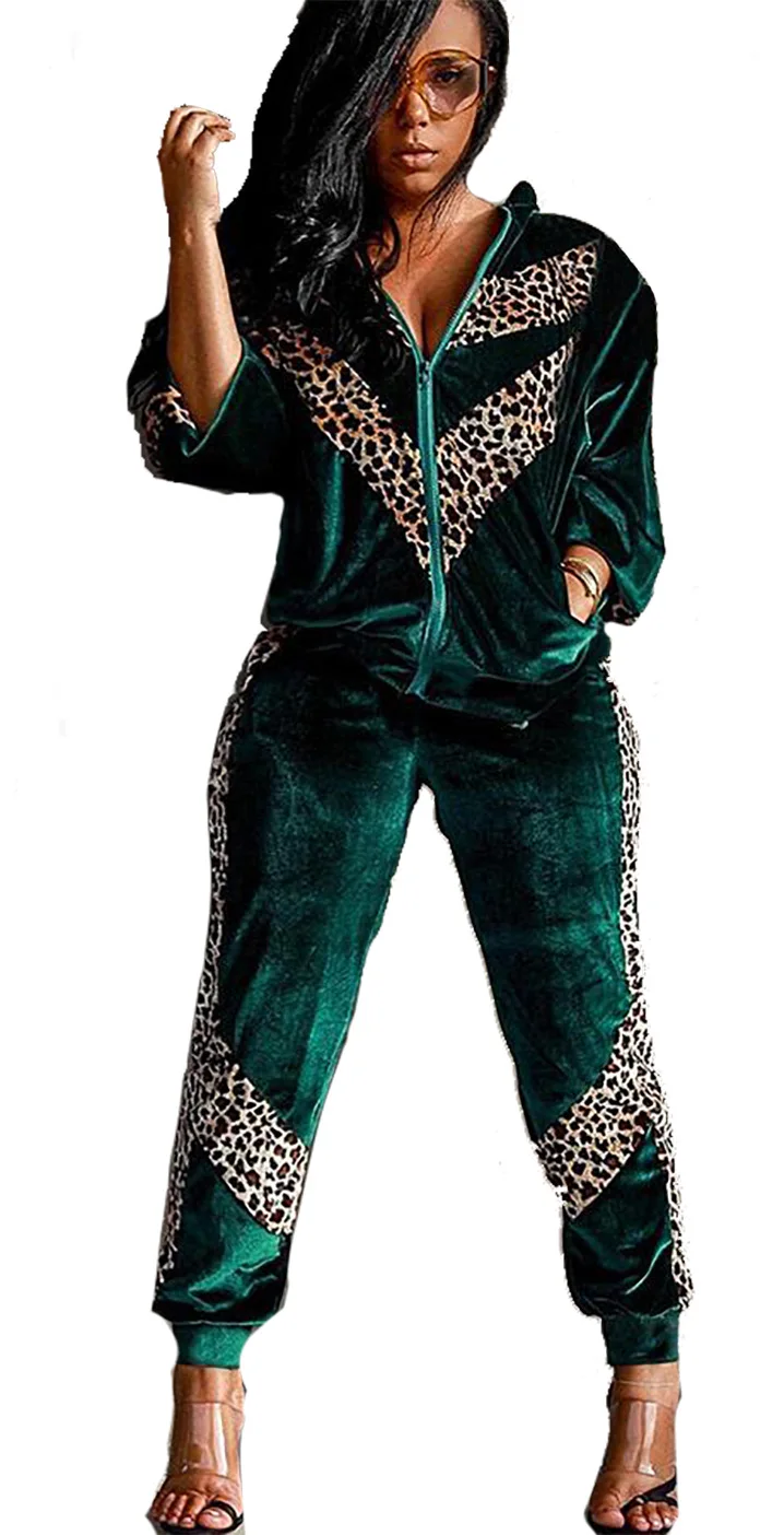 

2021 Hot Sale Leopard Printed Patchwork Women Casual Tracksuits Zipper Long Sleeves Jacket + Pants Two Pieces Sports Outfits