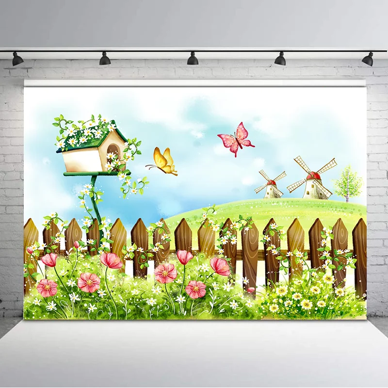 Весенний фон с бабочками зеленая трава птица гнездо для фотостудии детей