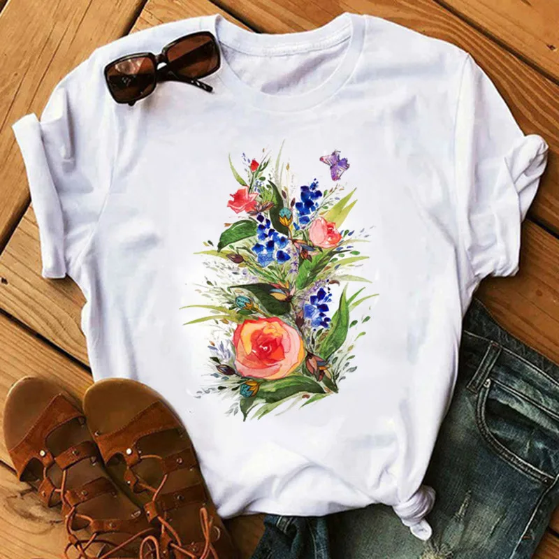 Women Flower Lady Fashion Short Sleeve Aesthetic Clothes Summer Graphic Female Ladies T-Shirt Girl 90s Harajuku Clthes Drop Ship | Женская