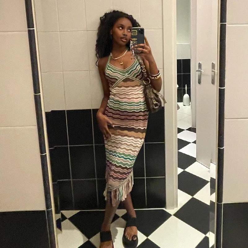 

HEYounGIRL Striped Vintage Backless Bodycon Knitted Woman Dress Summer Party Elegant Halter Wrap Midi Dress Ladies Sleeveless