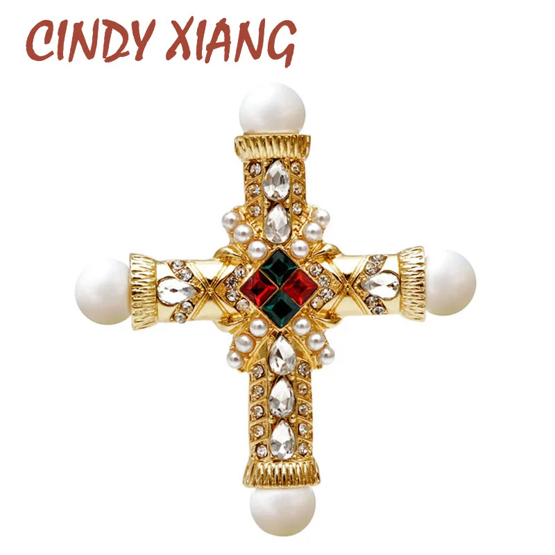

CINDY XIANG new arrival pearl rhinestone baroque cross brooch women and men unisex brooches pin fashion vintage gold color gift