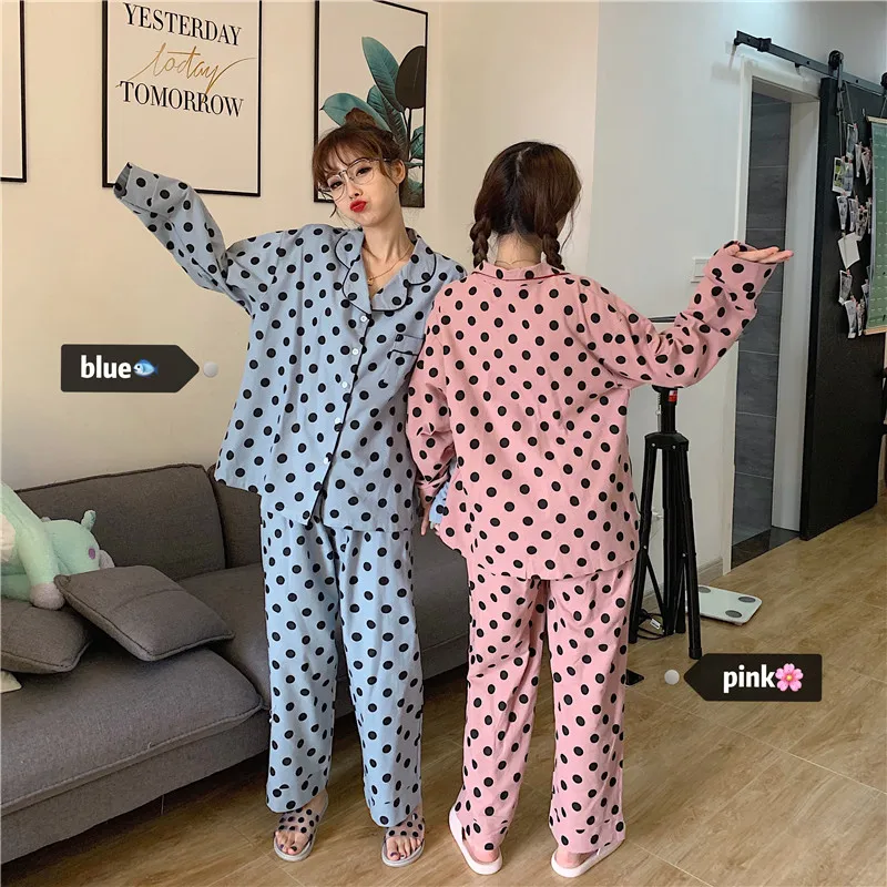 

Shinely Summer Ins Brushed Cotton Polka Dot Pajamas Women's Autumn and Winter Long Sleeve Loose Student Korean Style Homewear