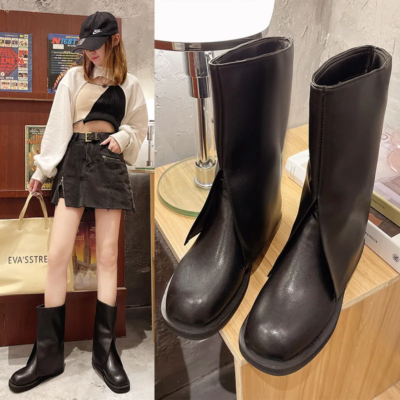 

Women Martin Boots Blace Casual Long Boot Shoes 2021 New Autumn / Winter Round Toe Slip-On Low Sexy Female Shoes Mid-Calf Boots