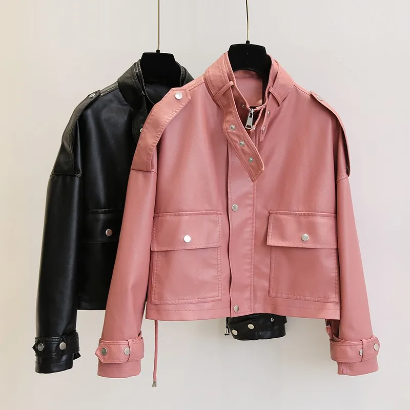 NEW2021 ERQIBA 2021 New Autumn Women Streetwear Pink Pu Faux Soft Leather Jacket Casual Female Motorcycle Biker Zipper Big