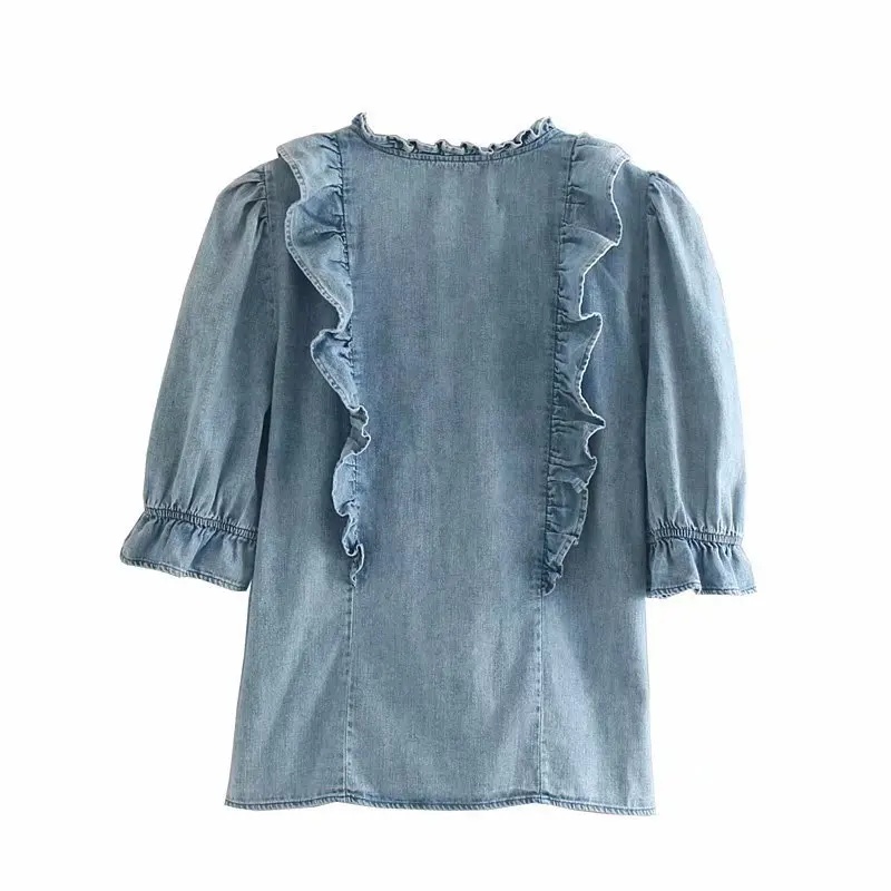 Женская Джинсовая блузка с оборками NSZ синяя пышными рукавами и v образным