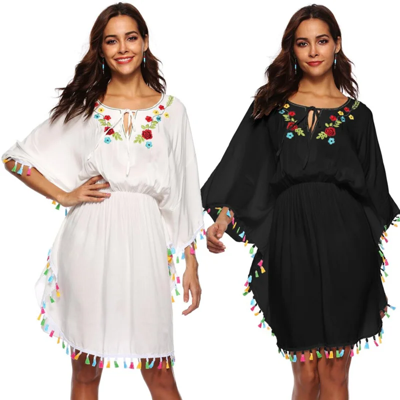 Белая хлопковая туника Пляжное Платье на шнуровке рукав летучая мышь высокая