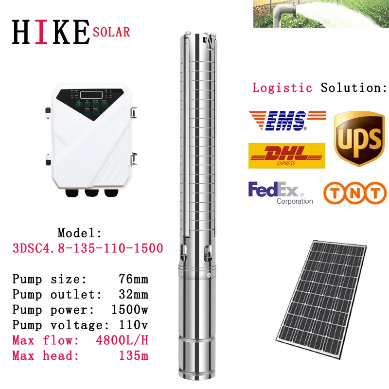 

Hike solar equipment Solar Submersible Pump 110V 2HP 3" DC Deep Well Pump MPPT Controller Centrifugal Pump 3DSC4.8-135-110-1500