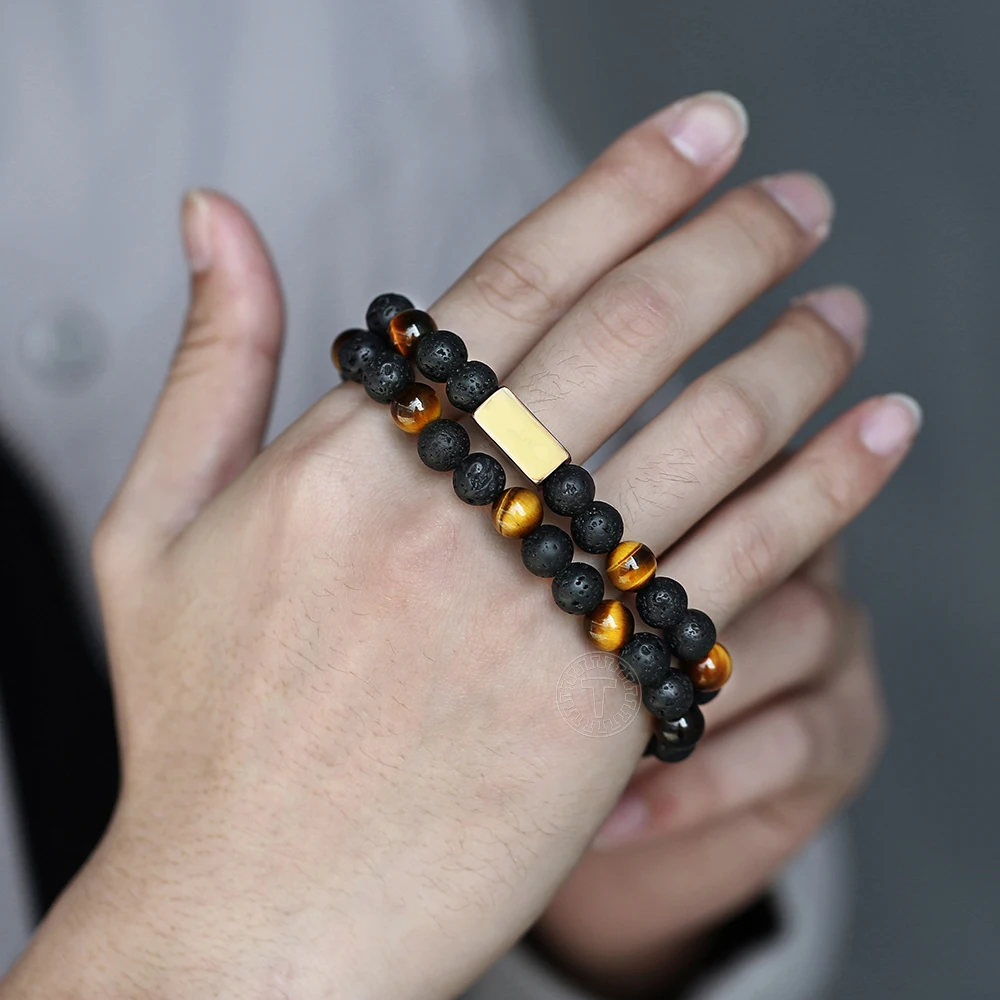 Браслет из бусин для мужчин и женщин двойной нитью растягивающийся тигровый глаз