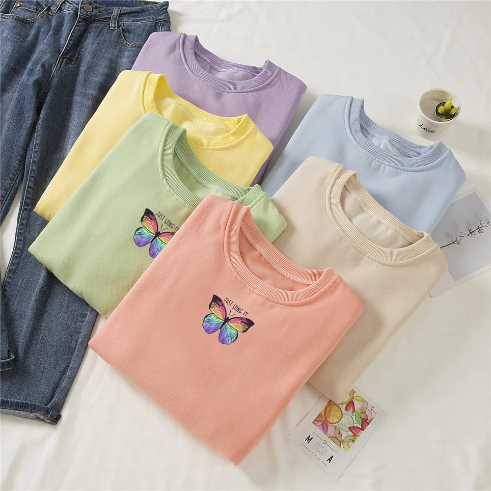 Sweet Butterfly Printed Women Cotton Sweatshirt Harajuku Oversized Hoodies Long Sleeve Hoody Basic Kawaii Sweetshirt for Girls