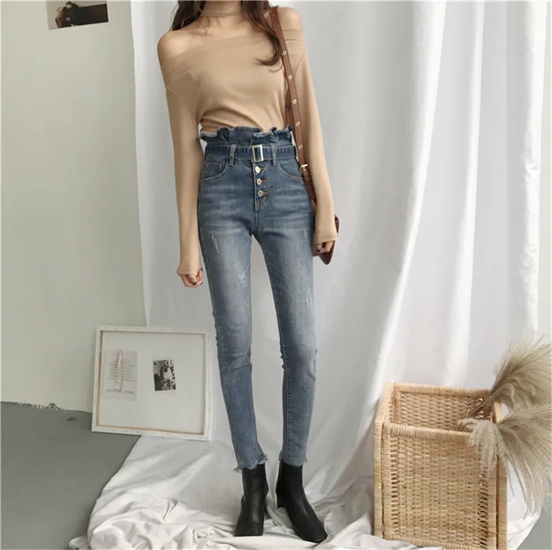 Real shot 2020 новые модные ретро тонкие и с высокой талией джинсы оборками эластичные