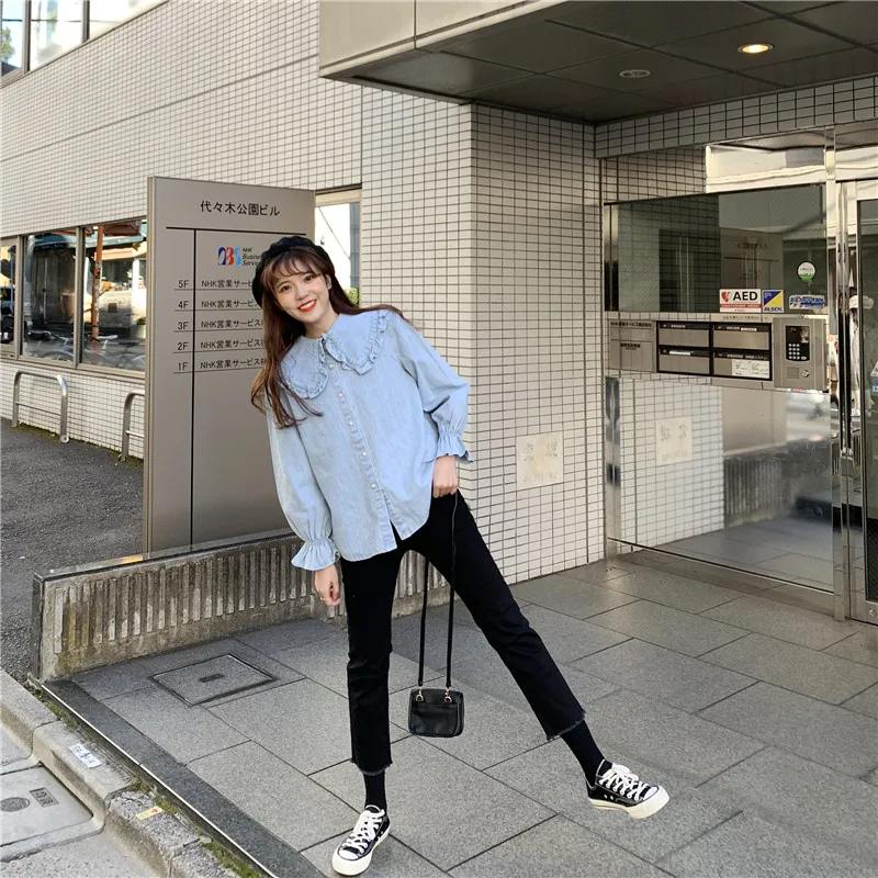 Модная Свободная джинсовая рубашка с пряжкой и оборками