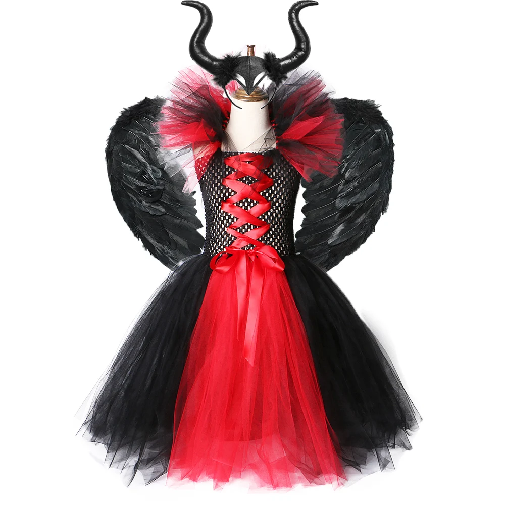 Красный черный костюм ведьмы детское платье-пачка для девочек длиной до