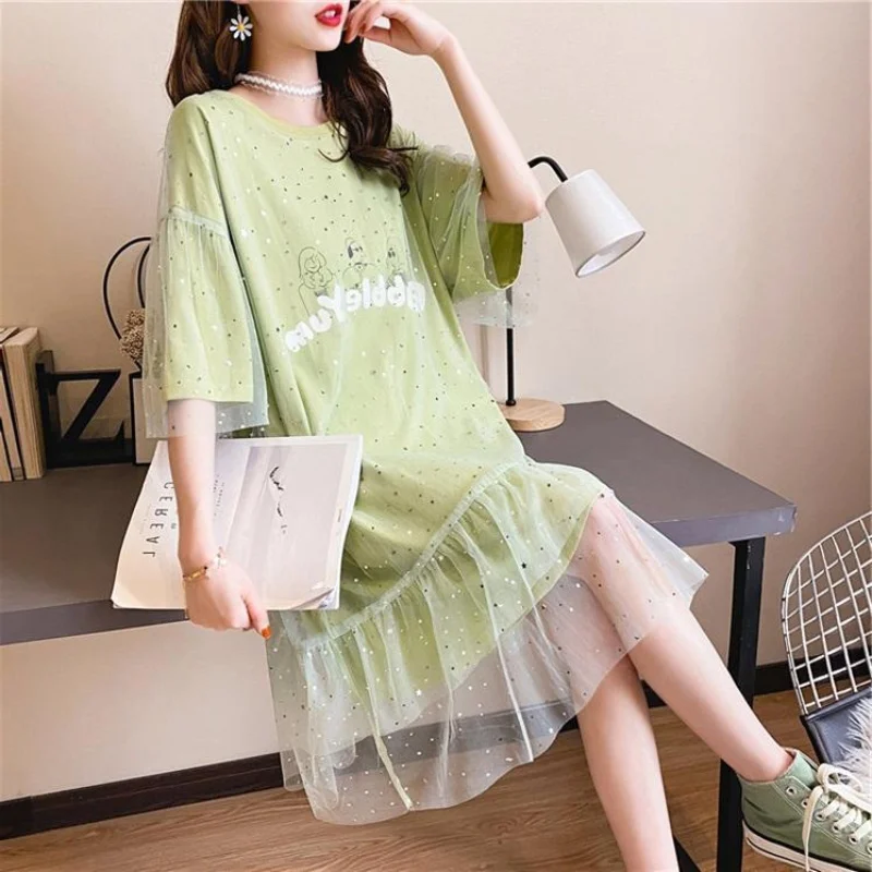 

Summer T-shirt Dress Green Fairy Mesh Oversize Dress Women Oversize Sweet Kawaii Sundress Outfit Muslin Fake Two-piece