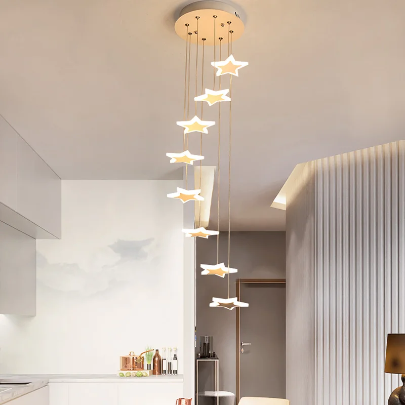 売却 現代のシンプルな二重階段 Led ペンダント創造リビングルームレストランスターランプヴィラスパイラル階段ロング吊りランプ