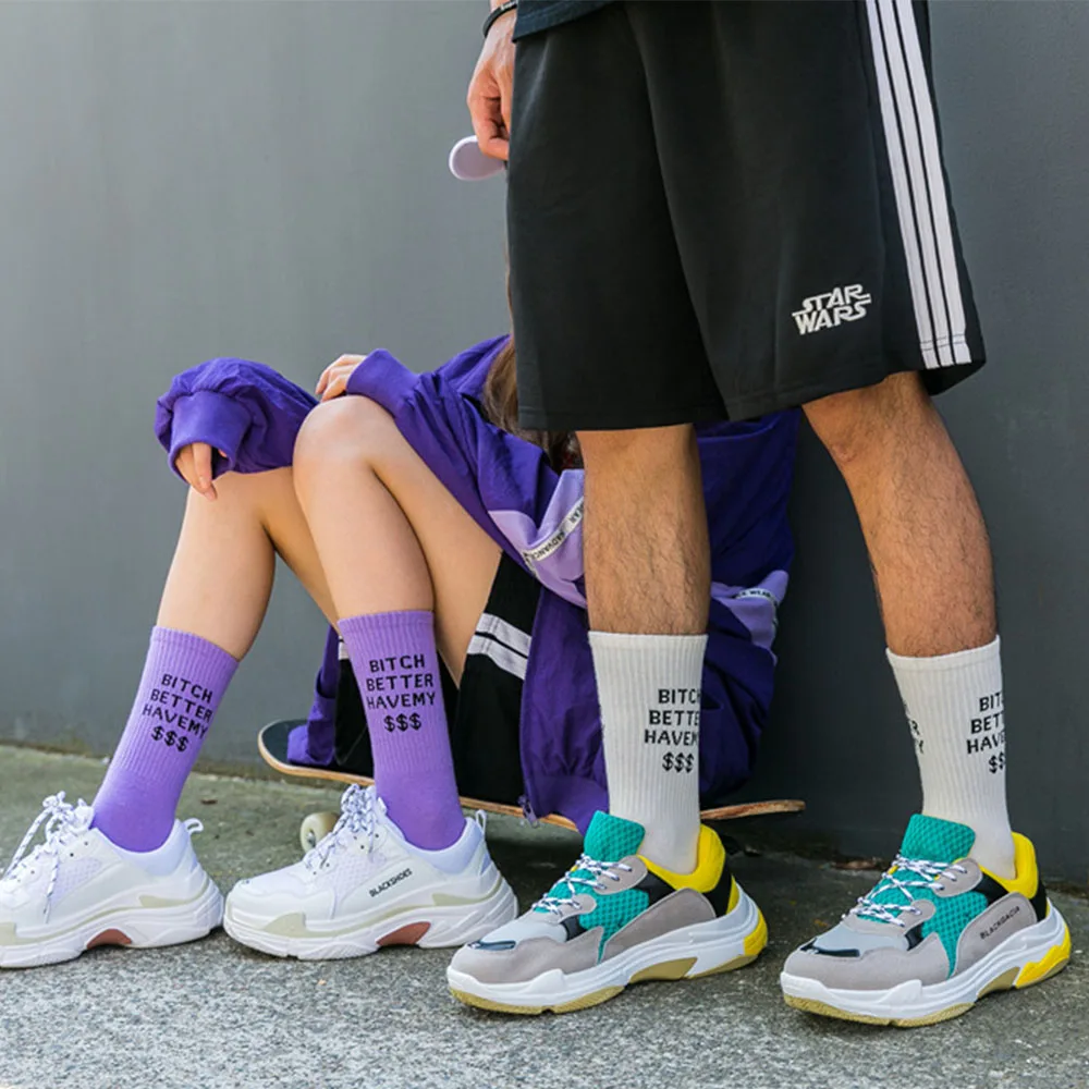 Модные женские повседневные носки с буквенным принтом новинка фиолетовые белые