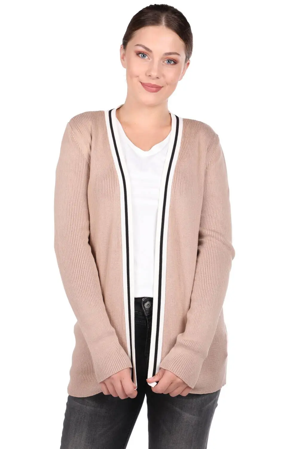 

Beige Ribbon Detail Open front Women 'S Knitwear Cardigan