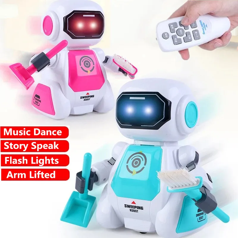 

2.4G Remote Control Sweeping Robot With Walking Music Dancing Eey Flash Light RC Robot Kid Educational Pet Speak Story Gift Toys