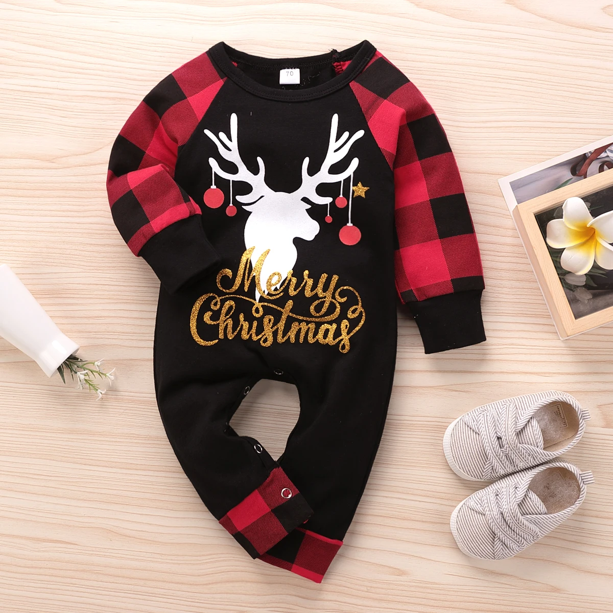 

Kids Baby Boys Long Sleeve round neck casual Jumpsuit Autumn Christmas Elk Letter Print Stitching One Piece Romper