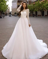 wedding dress a line o neck full sleeve lace appliques sequined beads backless floor length sweep train elegant bride gown new
