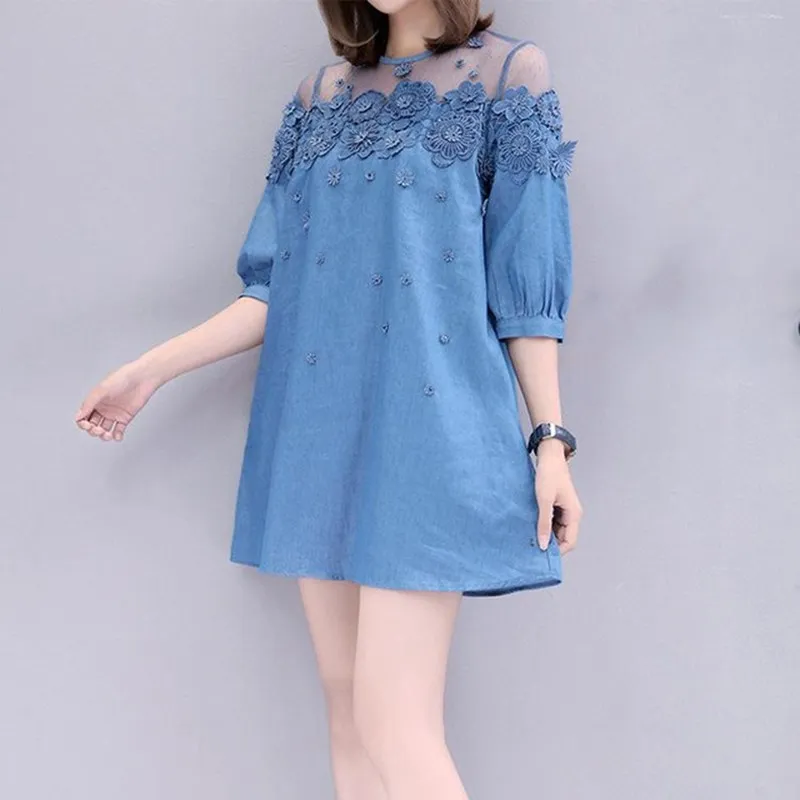 New Patchwork Bead Transparent Mesh Shirt Denim Dress Fall Summer Women Plus Size Short Blue Loose Jeans | Женская одежда