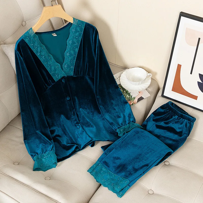 

Sweet Lace Trim Sleepwear Pijamas Suit New Autumn Velvet Pajamas Set For Women Casual Nightwear Trouser Suits Sexy Homewear