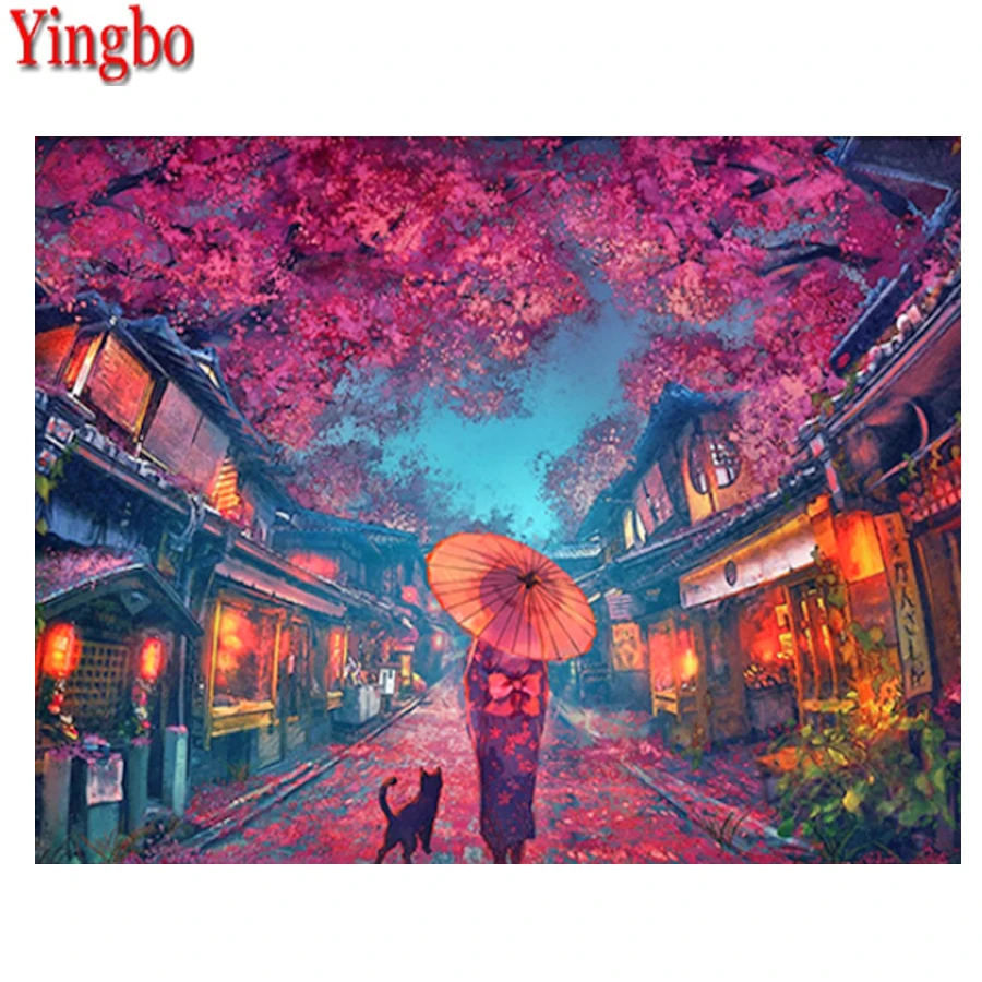 Алмазная живопись японское кимоно Женская картина вышивка Стразы вишневый цвет