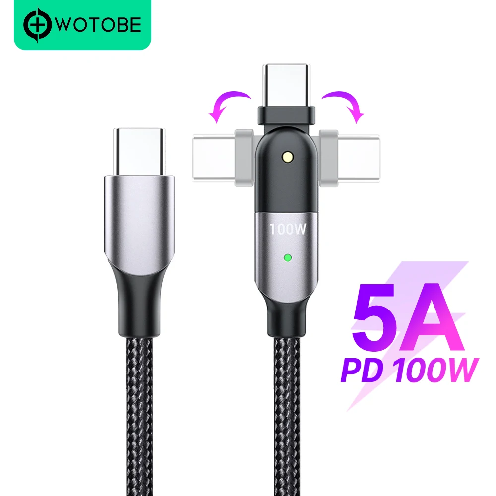 WOTOBE PD 100 Вт USB C к кабелю 5A E Mark со светодиодом 180 градусов гибкий кабель нейлоновый