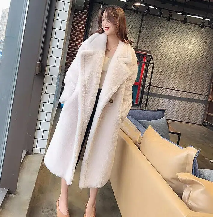white coat Осенне-зимнее длинное манто Femme Hiver, элегантное женское пальто из искусственного меха большого размера, корейское меховое пальто высокого качества, розовое длинное пальто - Цвет: white coat