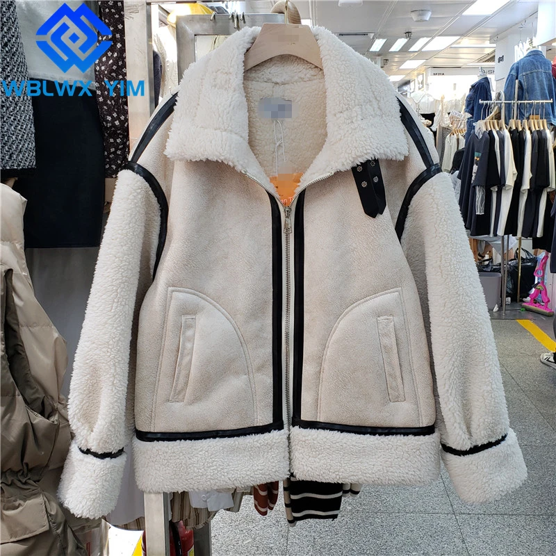 

Suede Jacket Women Thick Warm Lambwool Lapel Spliced Fashion Winter Coat Streetwear Loose Zipper Faux Leather Jacket Female