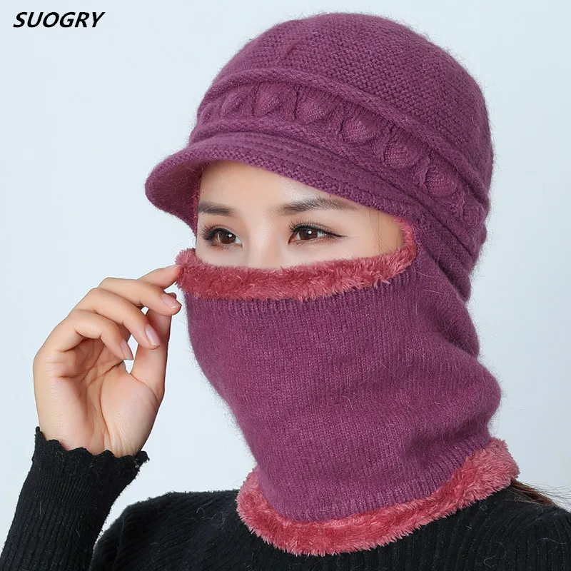 SUOGRY зимняя плюшевая шляпа вязаная шапка для женщин шарф маска Балаклава Skullies Beanies