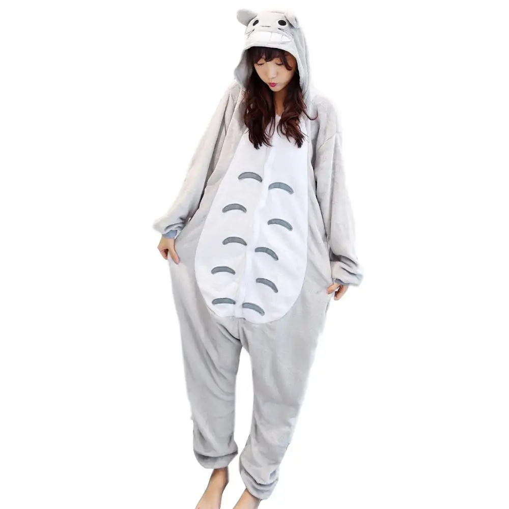Unisex Adults Animal Pajamas Anime Onesie Grey Totoro Neighbor Flannel Cartoon Cute Warm Cosplay Sleepwear