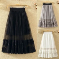 spring and autumn lace gauzy skirt underskirt womens long mesh skirt pleated skirt woman skirts mujer faldas saias mulher