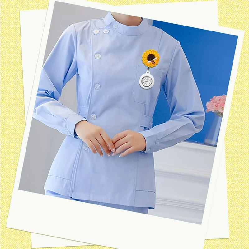 FOB Nurse Pocket Watch Sunflower Bee Lapel Digital Medical Clock  Pin Clip Jojo ID Round Reel Lanyard