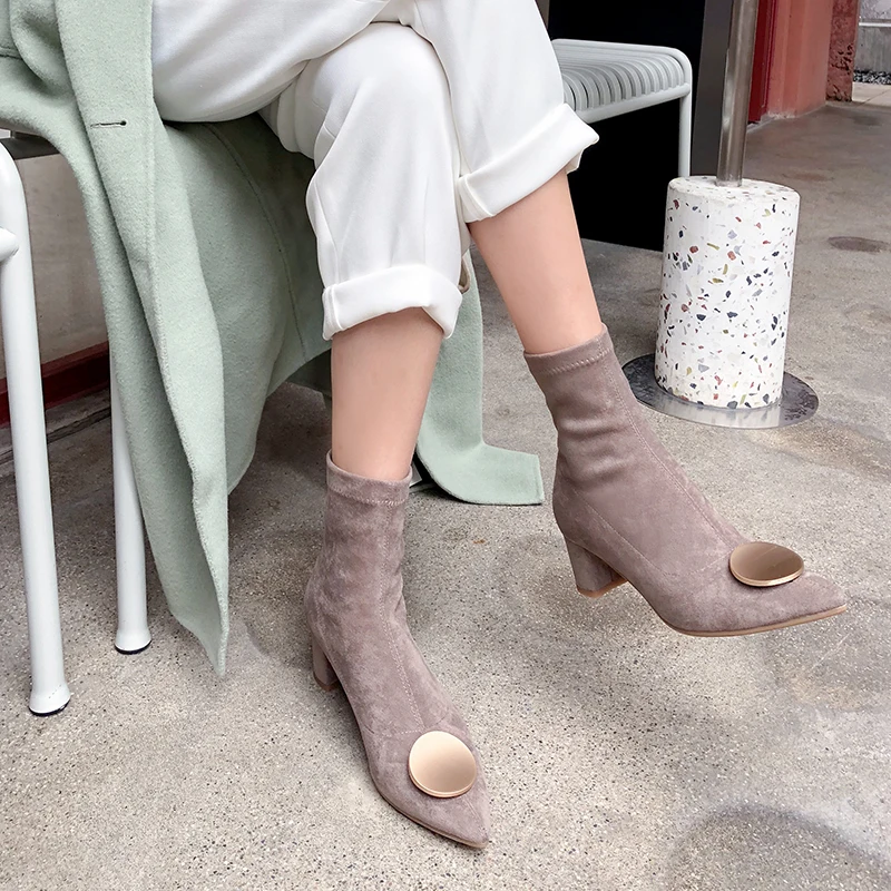 

WETKISS Stretch Flock Boots Women Buckle Ankle Booties Female Pointed Toe Shoes Ladies Fashion Sock High Heels Shoes Winter 2020