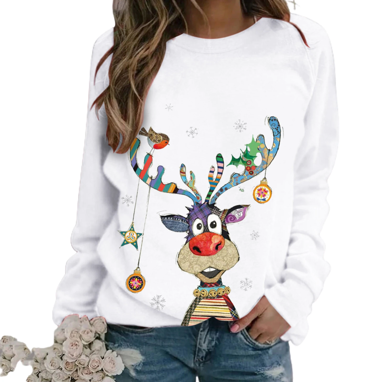 Women Christmas O Neck Print Style Pullover Thick Fashion Primer Tops Long Sleeve Multicolor Elk Print T-shirt Autumn Blouse
