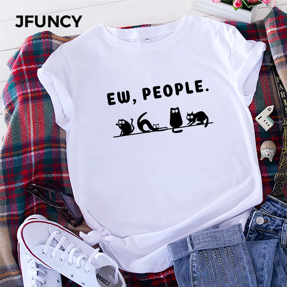 

JFUNCY Plus Size 5XL Women Tee Shirt 100% Cotton Short Sleeve Casual Female Tshirt Cute Cat Print T-shirt Woman Summer Loose Top