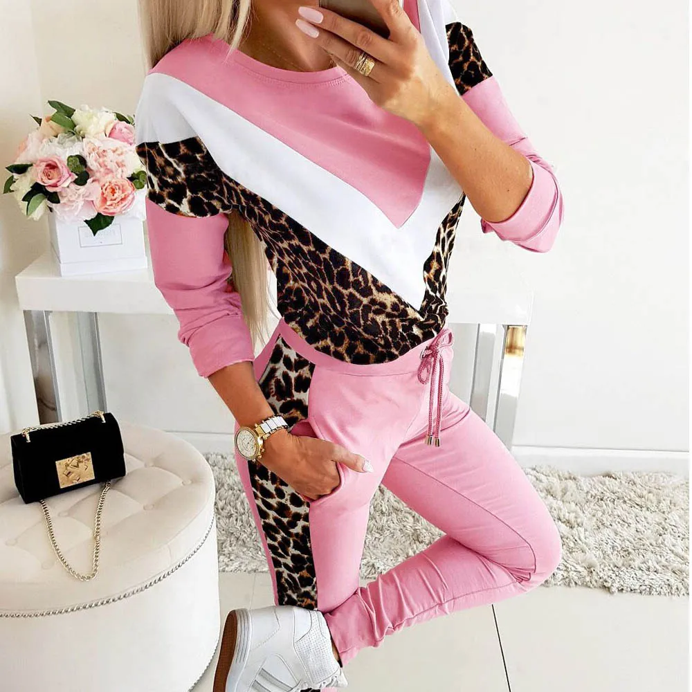 Pink Женский весенний спортивный костюм с леопардовым принтом, осень, на завязках, два предмета, штаны для бега+ толстовка, женские зимние костюмы с капюшоном - Цвет: Pink