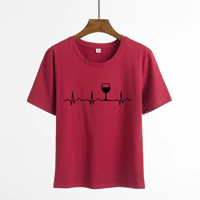 

Wine Heartbeat Print T Shirt Women Short Sleeve O Neck Loose Tshirt 2021 Summer Women Tee Shirt Tops Camisetas Mujer Femme Tops