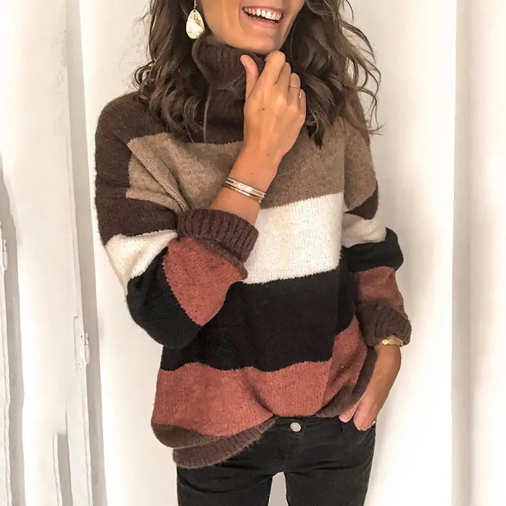 

Women Stripe Patchwork Turtle Neck Long Sleeve Autumn Winter Sweater Jumpers
